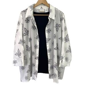 Alfred Dunner 100% Cotton Button Down Shirt + Tank Sz 22W White Navy Blue VGUC